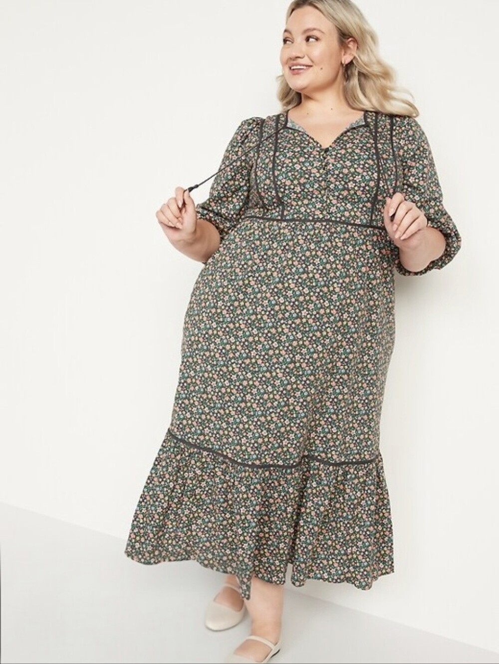 NWT OLD NAVY Tie-Neck 3/4-Sleeve All-Day Maxi Swing Dress